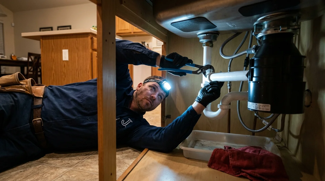 P-trap and supply line connections under a kitchen sink showing a common leak point in Williamstown, PA